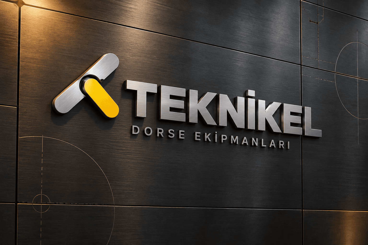 Teknikel Logo und Firmenname auf einer dunkel bearbeiteten Metallwand